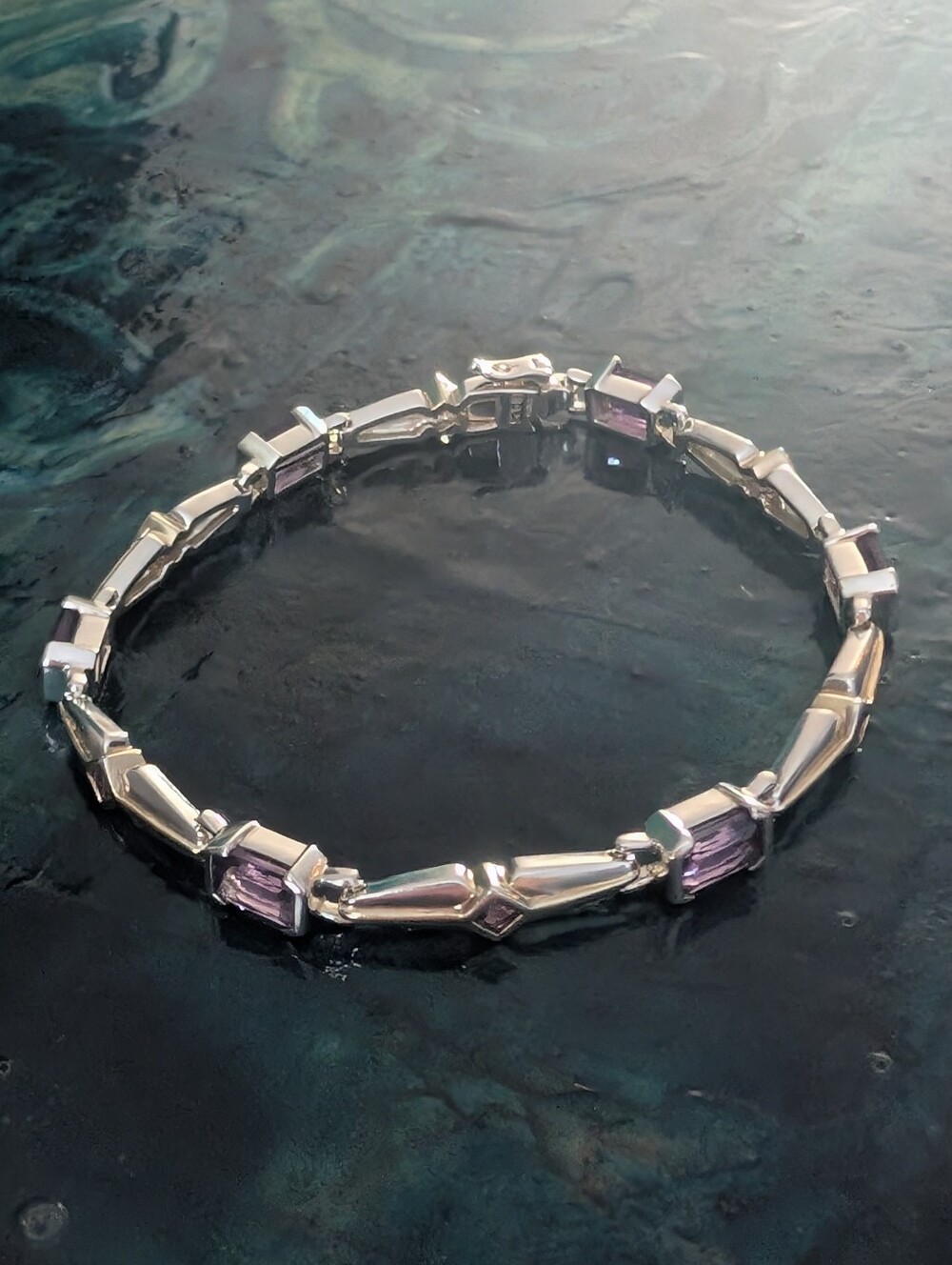 Art Deco Style Sterling Silver Amethyst Tennis Bracelet With Gold Accents - Picture 3 of 16